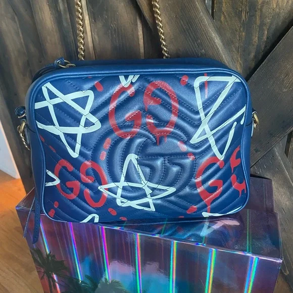 TRADED😍Gucci Rare GG Marking ghost Crossbody Chain Leather Bag Navy - Picture 5 of 14